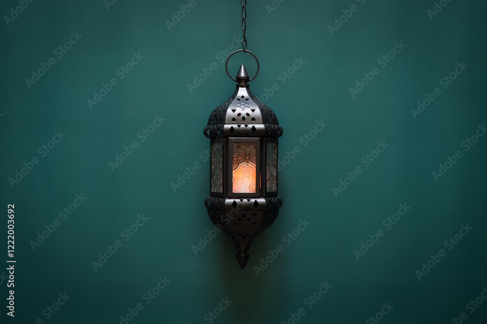 Black hanging lantern with light on green background for the Muslim feast of the holy month of Ramadan Kareem. Black hanging lantern with light on green background for the Muslim feast of the holy month of Ramadan Kareem.