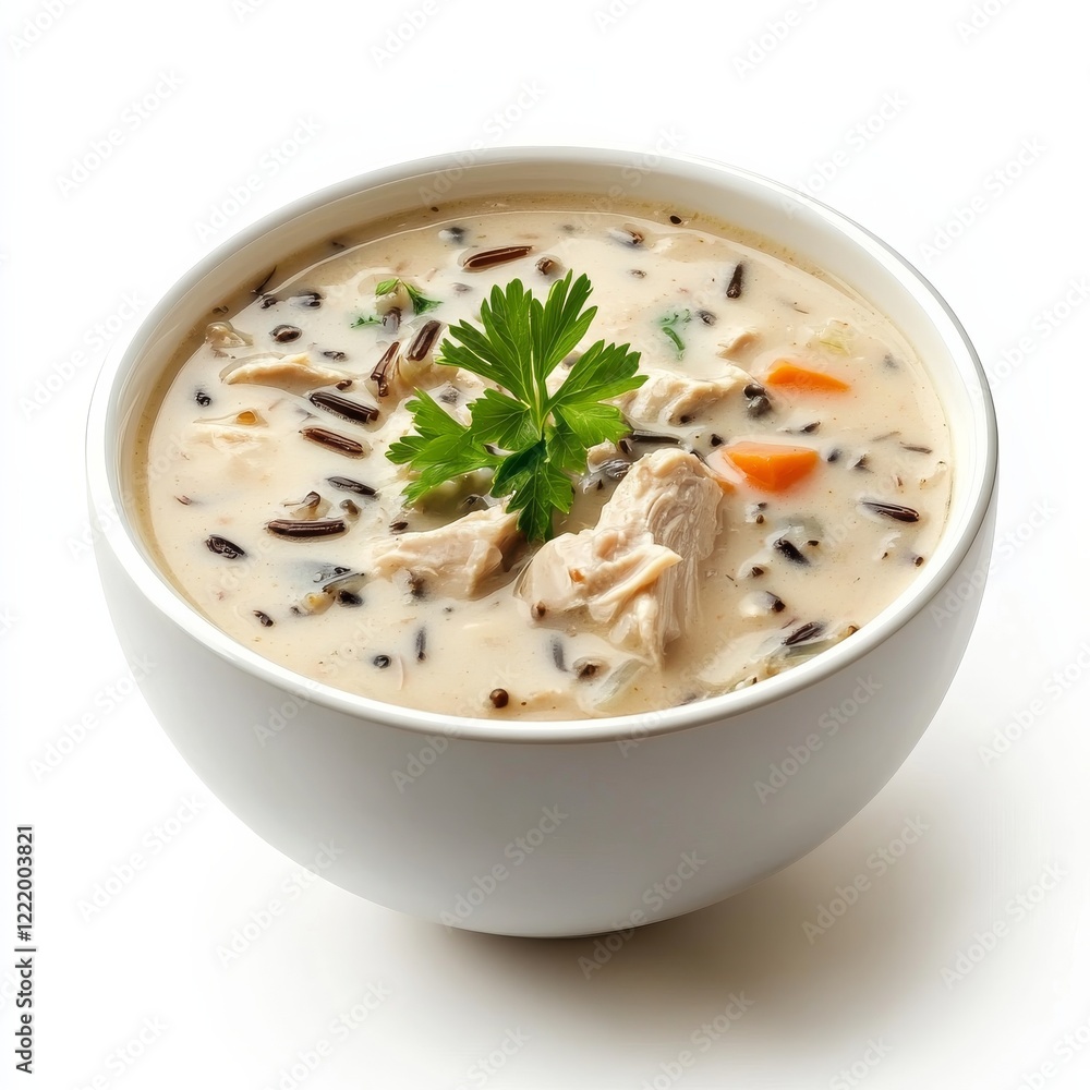A bowl of creamy chicken and wild rice soup, isolated white background, minimalist art style A bowl of creamy chicken and wild rice soup, isolated white background, minimalist art style