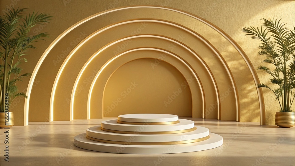 Fototapeta premium Golden Arch and Layered Platform for Business Display and Product Showcase Background