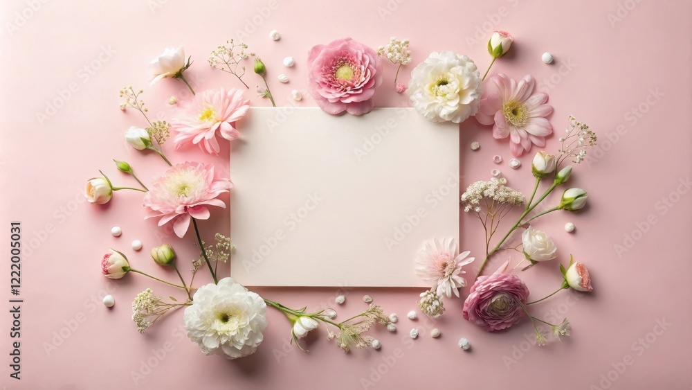 Blank Card Surrounded by Delicate Pink and White Flowers on a Pastel Background Blank Card Surrounded by Delicate Pink and White Flowers on a Pastel Background