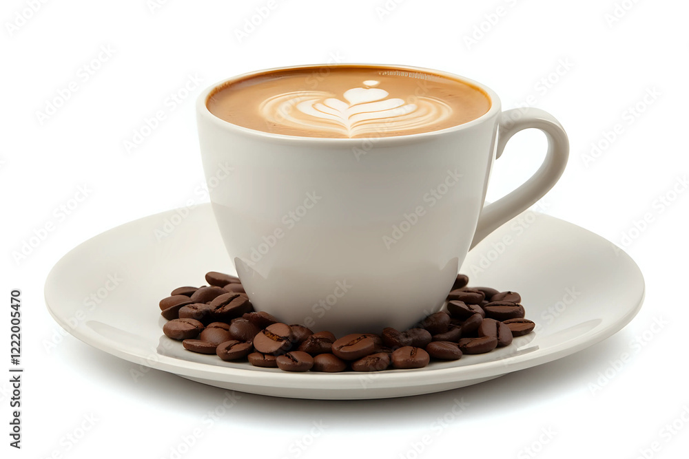 Cup of coffee latte and coffee beans isolated on white background. Cup of coffee latte and coffee beans isolated on white background.
