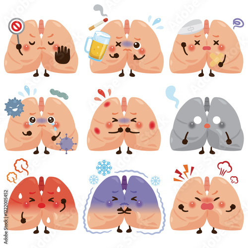 様々な状態の肺のキャラクター