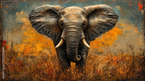 Majestic Elephant Portrait Textured with Impasto Technique in a Warm Savannah Setting Captured in a Artistic Style