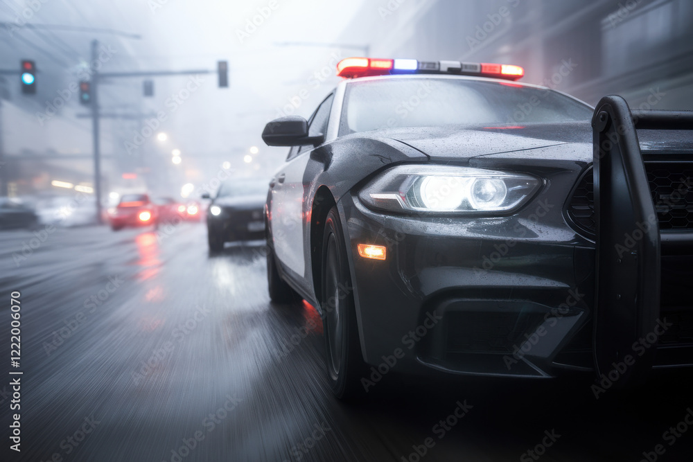 Fototapeta premium High-speed police chase through a misty urban street with flashing lights