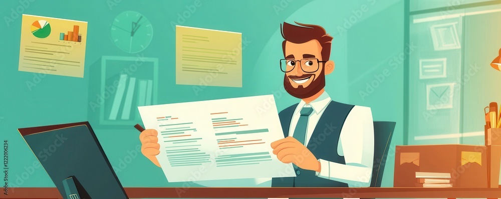 A cheerful man in a suit studies a document while seated at his desk, surrounded by colorful notes and office supplies. A cheerful man in a suit studies a document while seated at his desk, surrounded by colorful notes and office supplies.