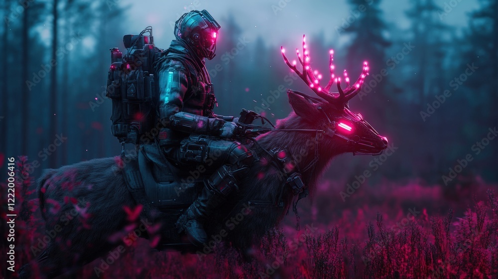 A biomechanical ranger riding a robotic deer with glowing antlers, exploring a serene digital forest A biomechanical ranger riding a robotic deer with glowing antlers, exploring a serene digital forest