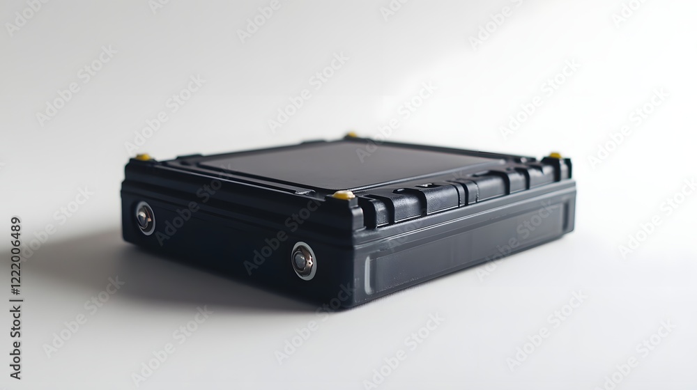 A black rectangular electronic device rests on a white surface A black rectangular electronic device rests on a white surface