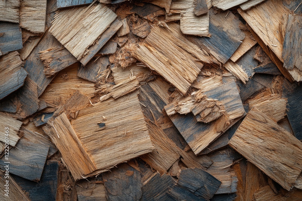 Wood chips creating a textured surface, forming an abstract pattern Wood chips creating a textured surface, forming an abstract pattern