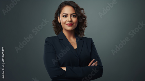 A portrait of a Mexican-Latino-Hispanic chubby female lawyer in professional attire, standing confidently against a blue background, radiating authority and professionalism in a corporate setting.

