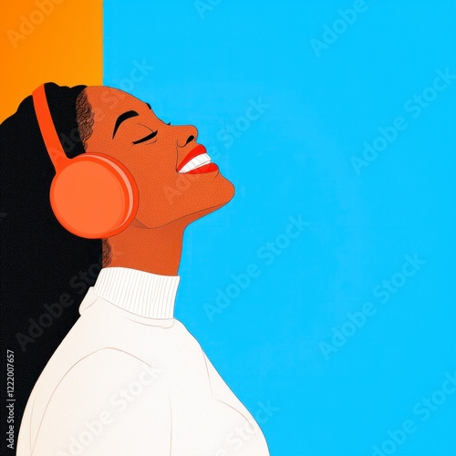 Joyful Black Woman Listening to Music on Headphones  Happy Expression  Subway Ride photo