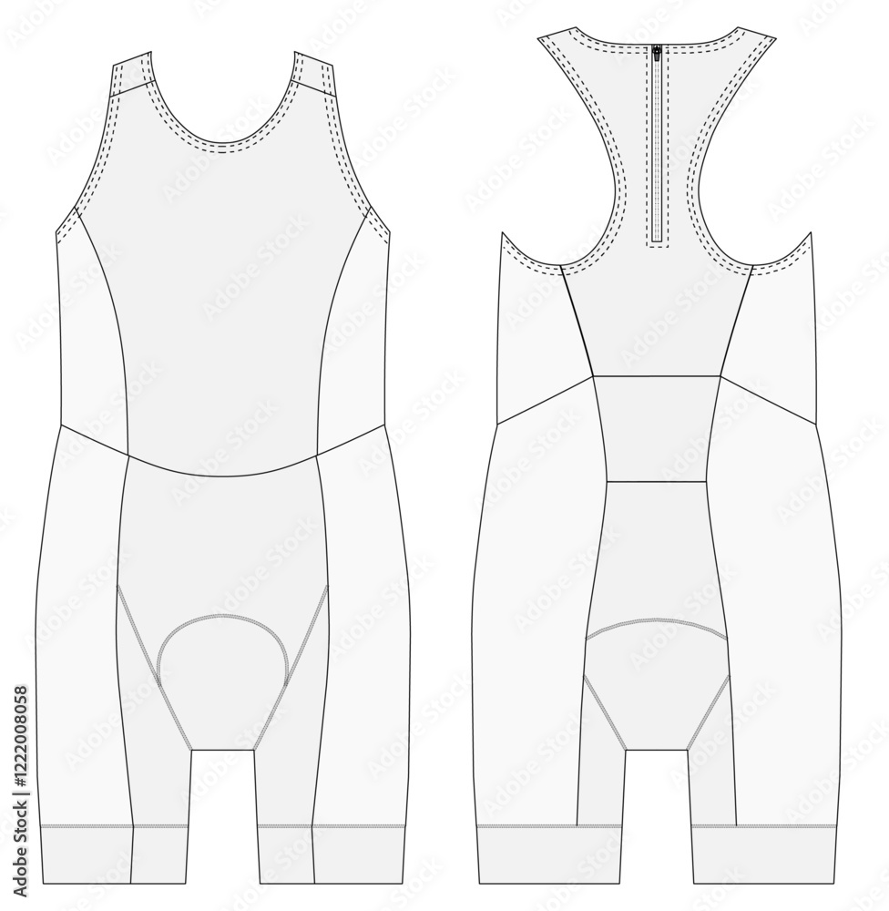 Sleeveless triathlon wetsuit shorts technical CAD fashion illustration front and back views