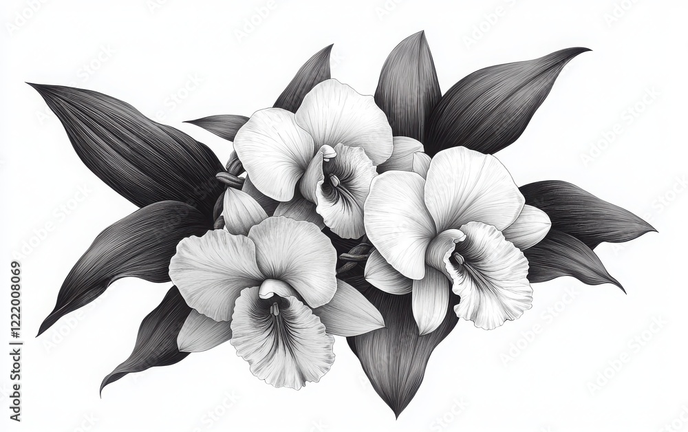 Obraz premium A monochrome vector illustration of a cluster of three orchids, with each flower displaying different petal shapes and orientations, drawn in a vintage wood engraving style using pen and ink