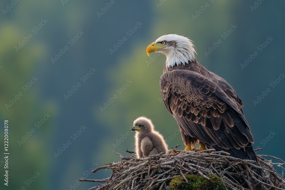 Bald eagle and eaglet resting in nest Bald eagle and eaglet resting in nest