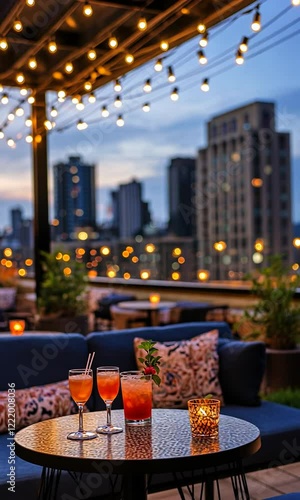 Rooftop bar with cocktails at sunset, city skyline in background