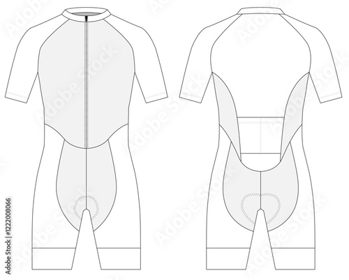 Cycling skinsuit one-piece short sleeve technical CAD fashion illustration front and back views 