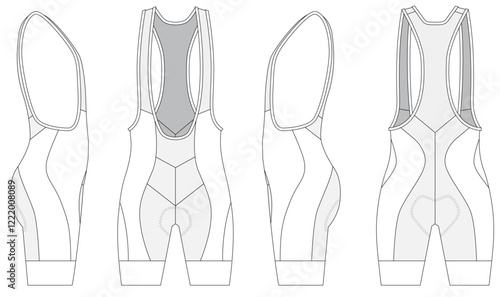 Cycling Bib Short technical CAD fashion illustration front back and side views