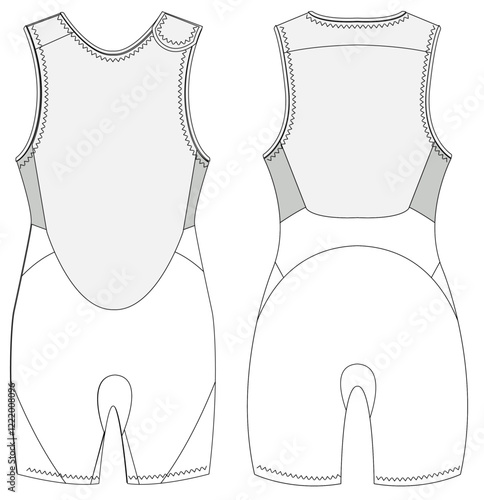 Sleeveless triathlon wetsuit shorts technical CAD fashion illustration front and back views

