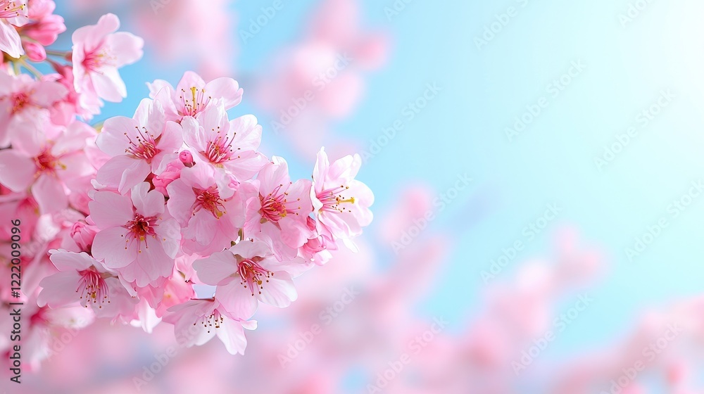 Pink cherry blossoms blooming in spring; sunny sky background; ideal for spring cards Pink cherry blossoms blooming in spring; sunny sky background; ideal for spring cards