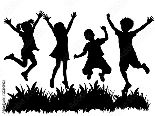 Many kid jumping cheerfully on grass, kids Jumping Silhouette Vector, silhouette of children playing