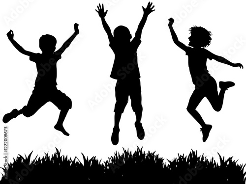 Many kid jumping cheerfully on grass, kids Jumping Silhouette Vector, silhouette of children playing