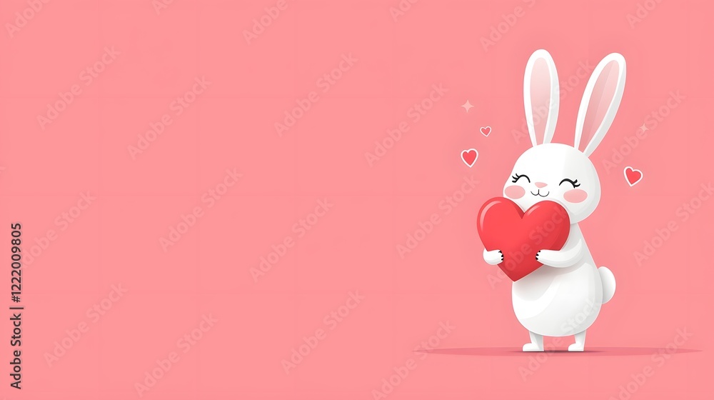 Obraz premium Adorable cartoon bunny character holding a red heart flat design of a cute fluffy white animal with a happy smiling expression Romantic symbol for Valentine s Day greeting card love and concept