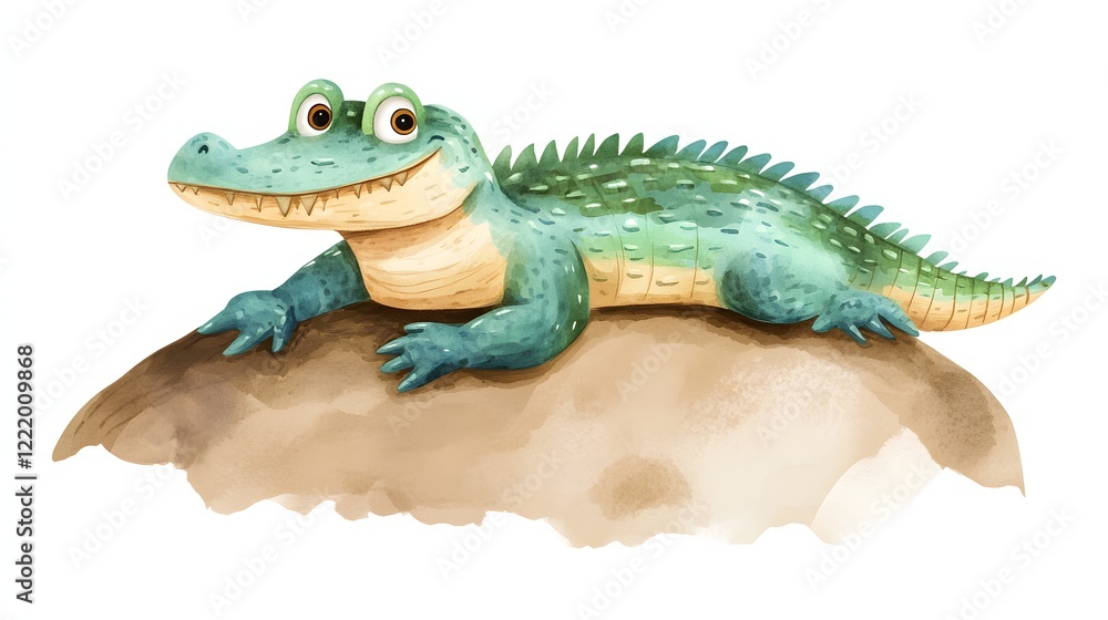 Obraz premium A Happy Cartoon Crocodile Rests on a Rock