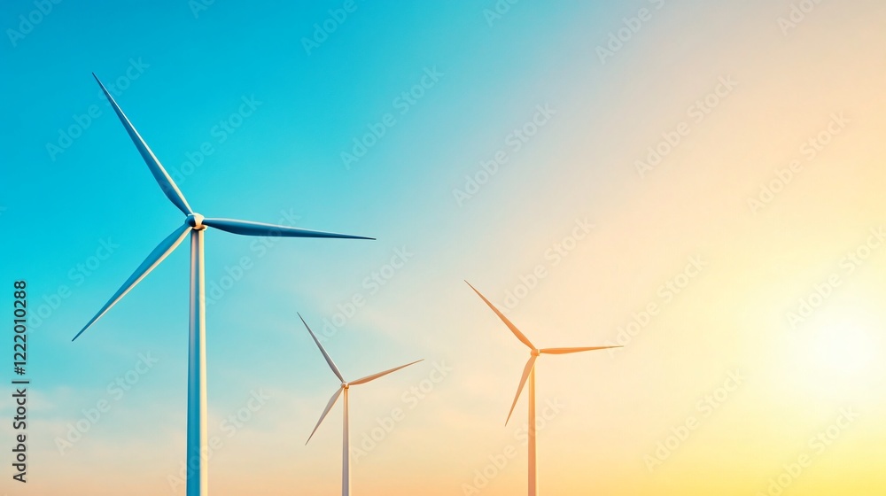 Fototapeta premium The image shows wind turbines against a vibrant sky, symbolizing renewable energy and sustainability in a serene landscape.