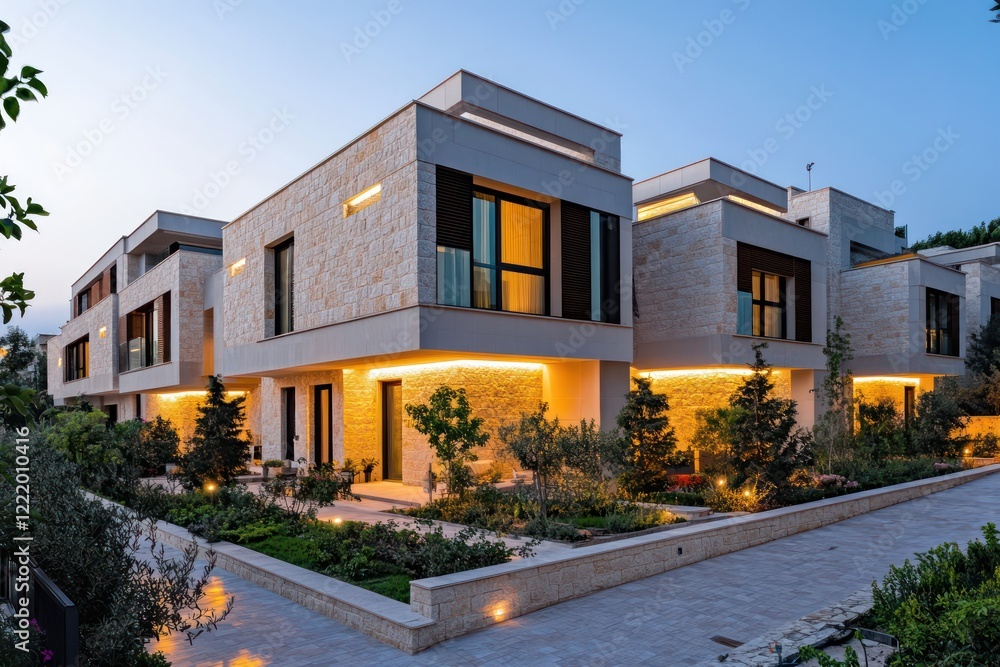 A sleek residential building featuring smooth stone facades, warm lighting, and peaceful gardens A sleek residential building featuring smooth stone facades, warm lighting, and peaceful gardens