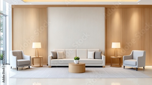 A modern, minimalist living room featuring a light couch, two armchairs, a round coffee table, and soft lighting against a wooden accent wall.