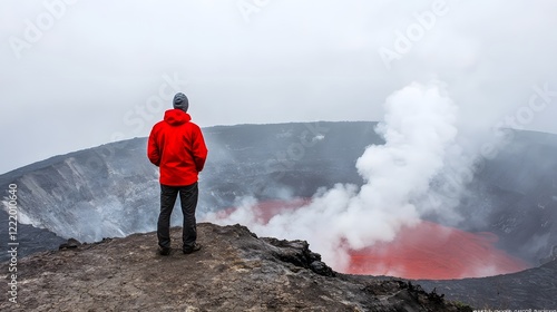 Adventurous traveler stands at the edge of a volcanic crater steam billowing into the misty moody sky  This dramatic remote landscape showcases the power and wonder of nature s geological forces photo