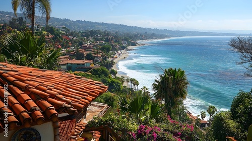 Aerial view of a charming coastal town with vibrant tile roofed houses nestled among lush palm trees and greenery overlooking a stunning turquoise ocean horizon photo