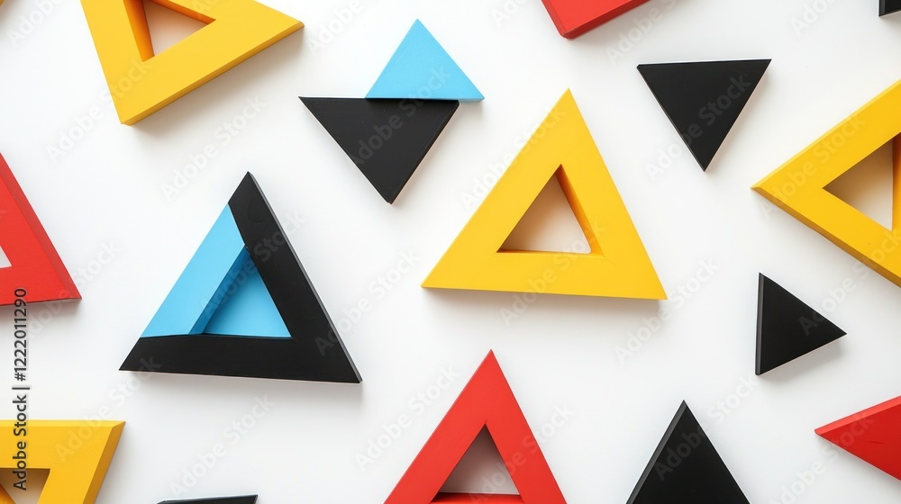 Colorful triangles scattered on white background, abstract design, presentation Colorful triangles scattered on white background, abstract design, presentation