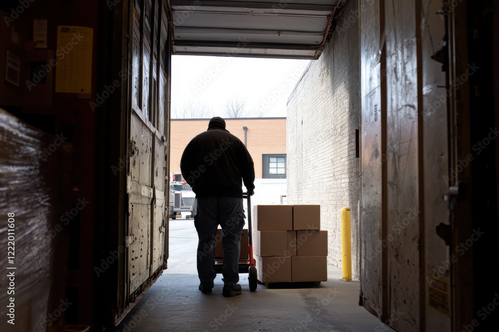 A truck driver utilizing a hand truck to move boxes from the back of a container to a loading dock A truck driver utilizing a hand truck to move boxes from the back of a container to a loading dock