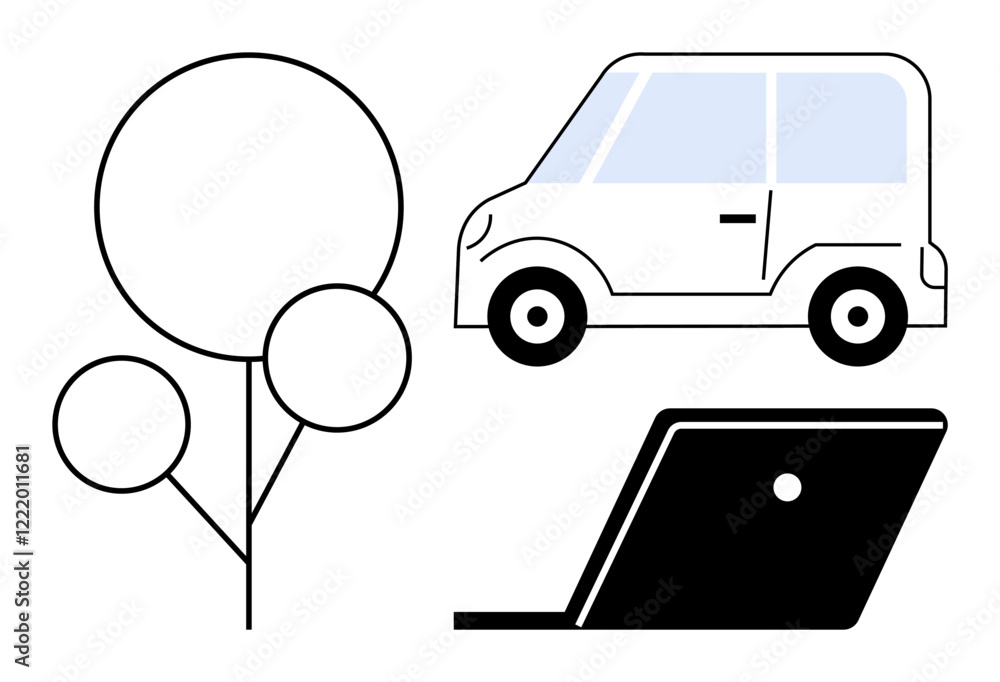 Abstract representation of a car, a laptop, and a tree. Ideal for technology, mobility, environment, simplicity, modern life, digital work eco-conscious themes in an abstract line flat metaphor Abstract representation of a car, a laptop, and a tree. Ideal for technology, mobility, environment, simplicity, modern life, digital work eco-conscious themes in an abstract line flat metaphor