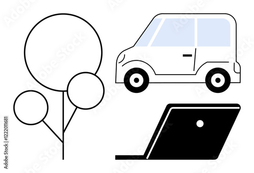 Abstract representation of a car, a laptop, and a tree. Ideal for technology, mobility, environment, simplicity, modern life, digital work eco-conscious themes in an abstract line flat metaphor