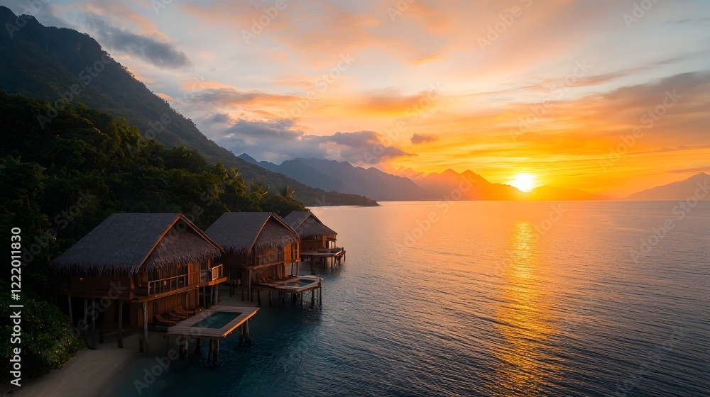 Breathtaking sunset view over an eco friendly off grid resort nestled on a remote tropical island powered by renewable energy sources Breathtaking sunset view over an eco friendly off grid resort nestled on a remote tropical island powered by renewable energy sources