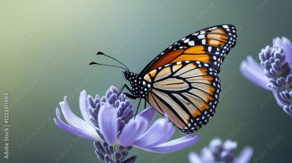 Fototapeta premium Monarch Butterfly on Lavender: A vibrant monarch butterfly with its distinctive orange and black wings delicately rests on a vibrant purple lavender flower, capturing a moment of nature's elegance. 