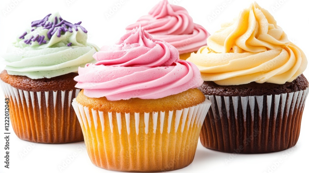Colorful Homemade Cupcakes with Frosting on White Background Colorful Homemade Cupcakes with Frosting on White Background