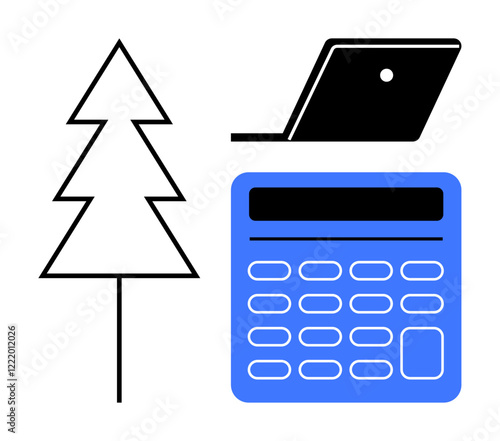 Drawn pine tree, open laptop, blue calculator. Ideal for remote work, nature connection, digital tools, productivity, balance efficiency technology. Highlights integration of work and environment