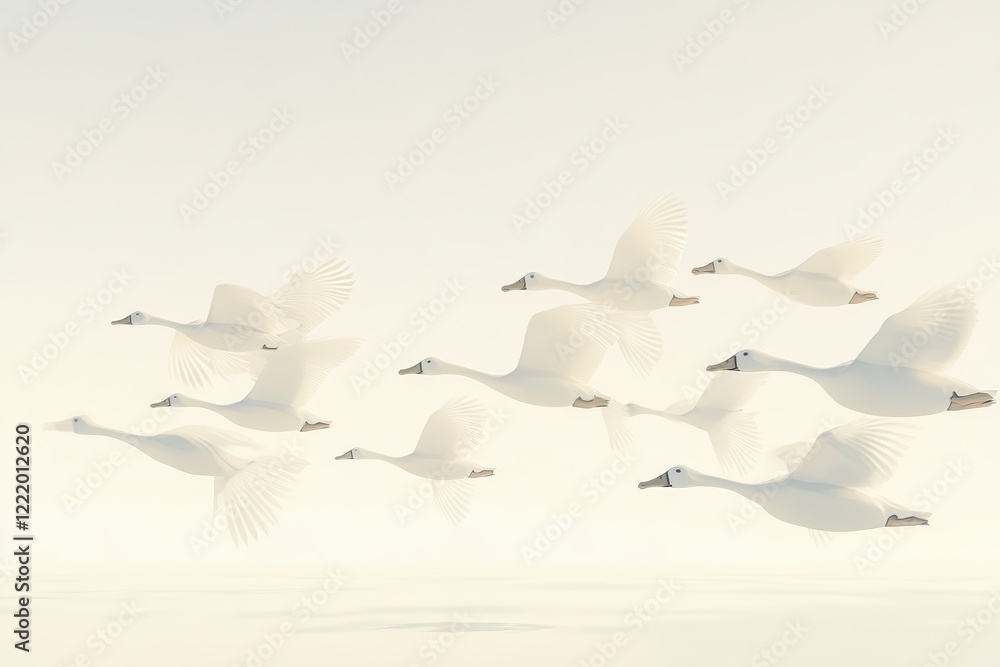 Obraz premium Elegant White Birds in Flight Over Soft Neutral Background