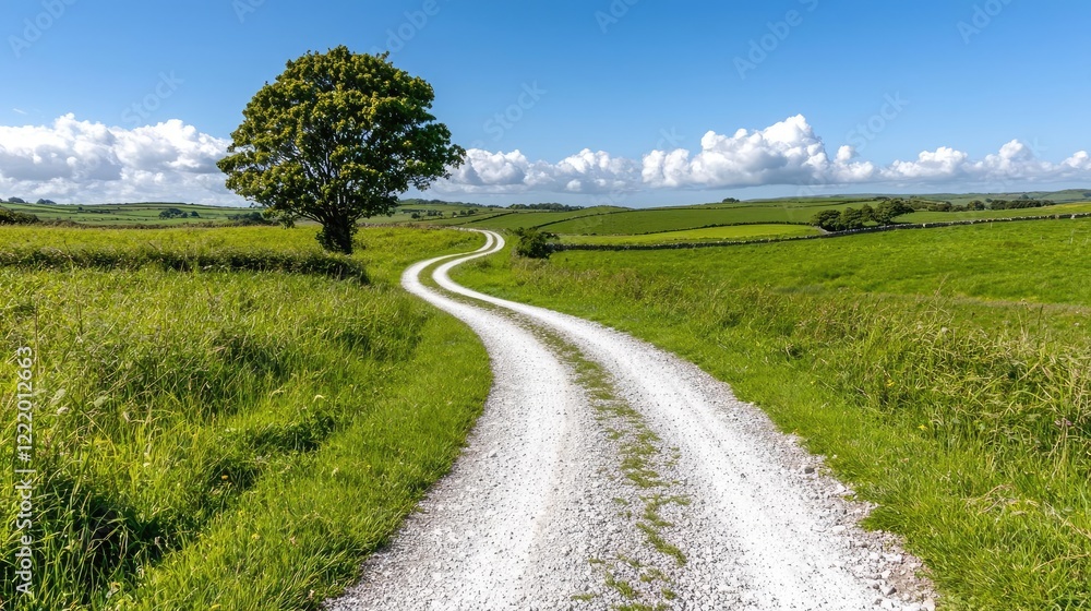 Winding country road through green fields under a blue sky, perfect for travel or nature websites Winding country road through green fields under a blue sky, perfect for travel or nature websites