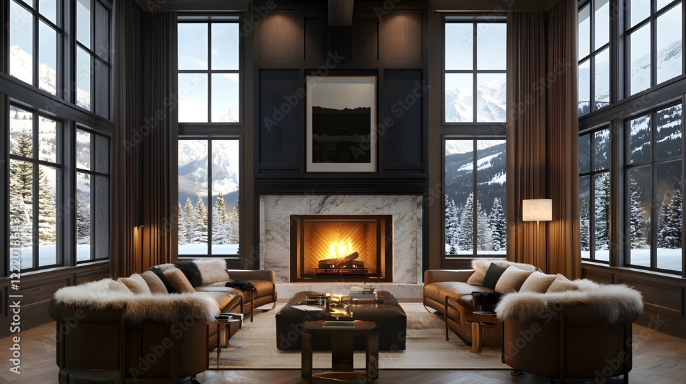 Fototapeta premium Cozy Luxury Lodge Interior with Roaring Fireplace and Plush Fur Lined Chairs for a Warm and Inviting Retreat in the Mountains
