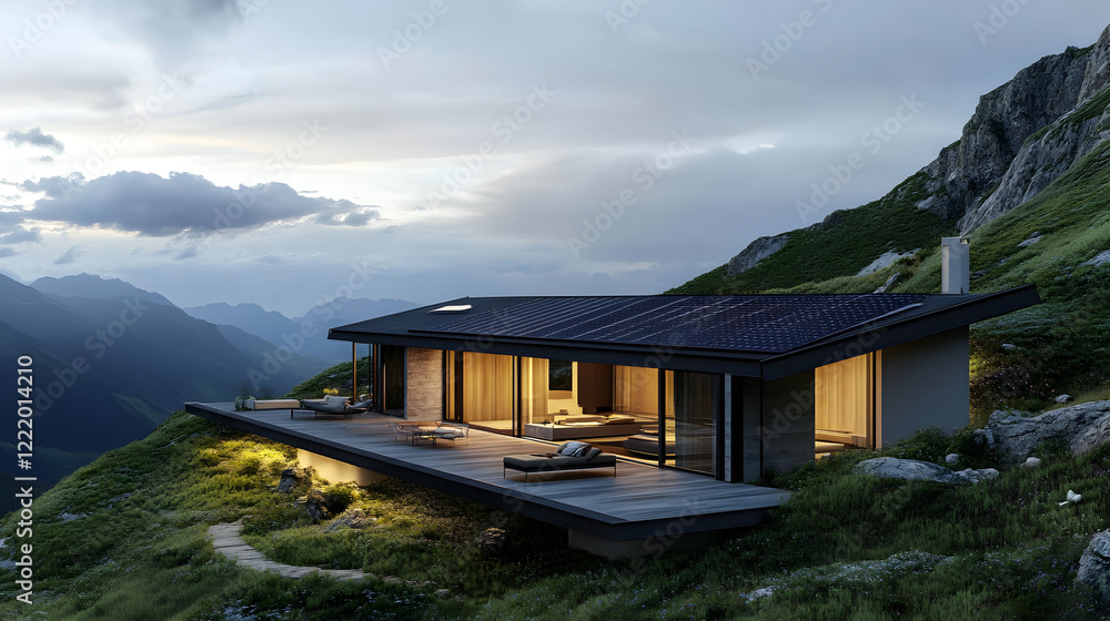Naklejka premium A luxurious mountain residence equipped with solar panels, offering an energy-efficient solution while providing stunning mountain views.