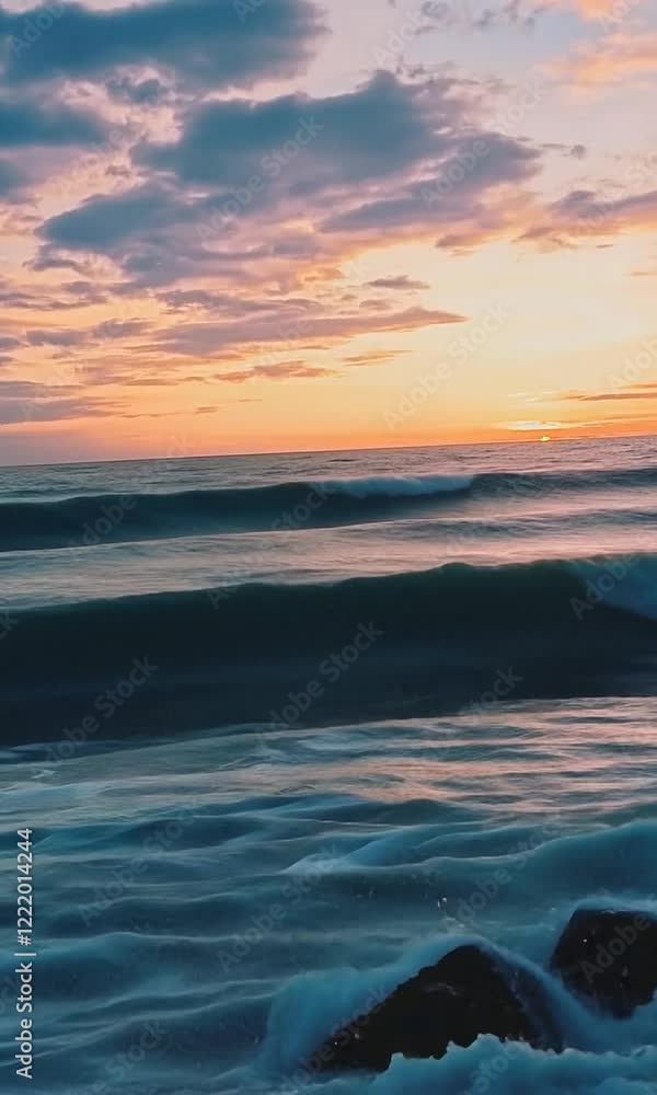 Serene Sunset Over Ocean Waves with Colorful Sky Reflections