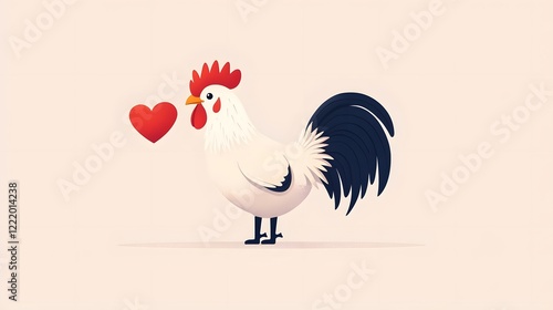Cute cheerful rooster character with heart shaped tail feathers in a flat minimalist style  The bird has a vibrant red comb white plumage and a black tail creating a simple