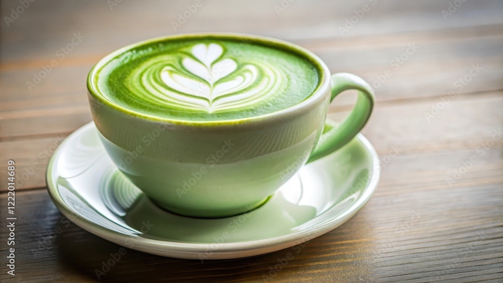 Aromatic Matcha Latte with Delicate Leaf Art in a Pale Green Cup Aromatic Matcha Latte with Delicate Leaf Art in a Pale Green Cup