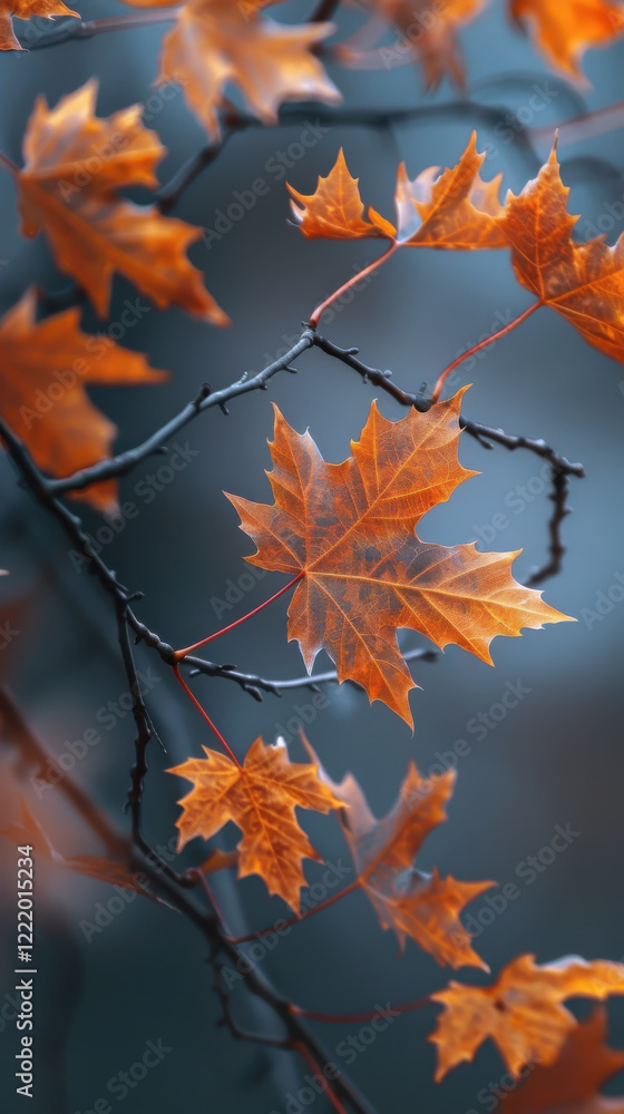 Macro shot of vibrant autumn maple leaves on a delicate branch Macro shot of vibrant autumn maple leaves on a delicate branch