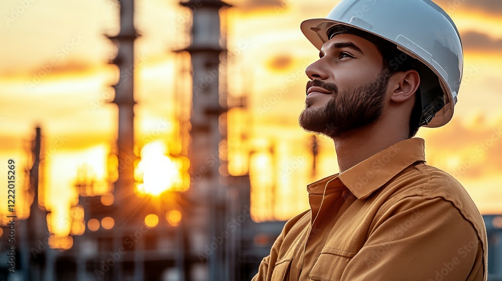 Fototapeta premium Reflective Engineer at Sunset: A portrait of a thoughtful male engineer, wearing a hardhat and workwear, stands against the backdrop of a refinery silhouetted by a vibrant sunset.