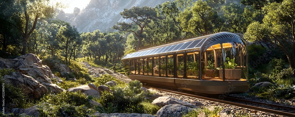Fototapeta premium Eco friendly solar powered rail car transporting visitors through a scenic nature reserve surrounded by lush mountains forests and a tranquil landscape