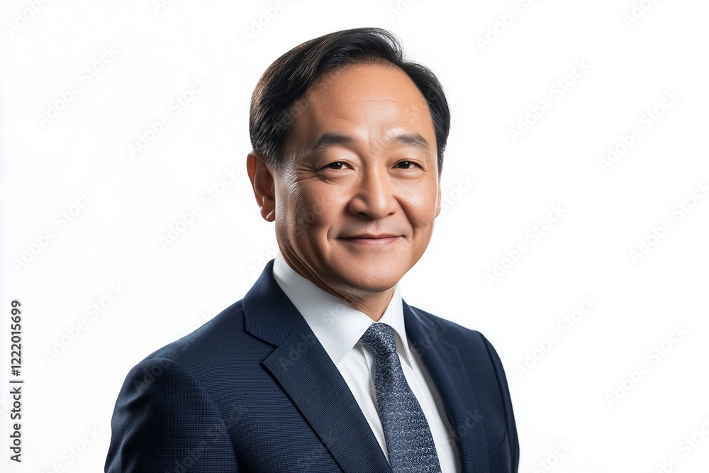 Asian businessman standing confidently, dressed in a tailored navy-blue suit, white dress shirt, and a classic tie, with neatly groomed hair and professional expression, isolated on a white background Asian businessman standing confidently, dressed in a tailored navy-blue suit, white dress shirt, and a classic tie, with neatly groomed hair and professional expression, isolated on a white background
